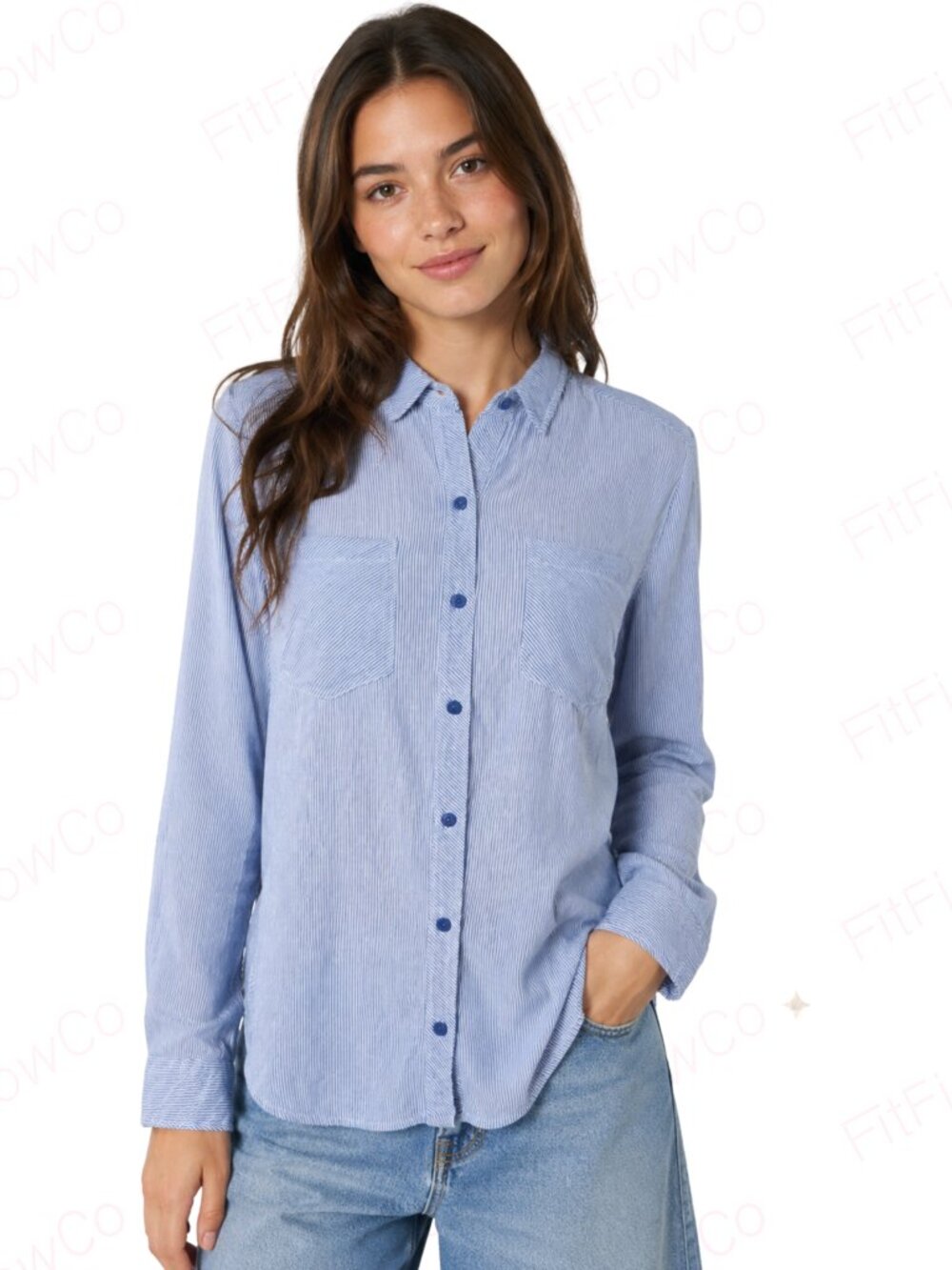 Passport Blue White Pinstripe Button Down Shirt Women M Roll Tab High Low Hem